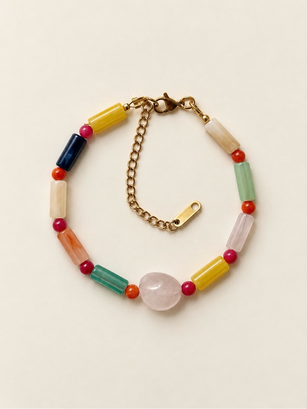 Handmade Gold-Chain Multicolor Beaded Bracelet with Rose Quartz Accent